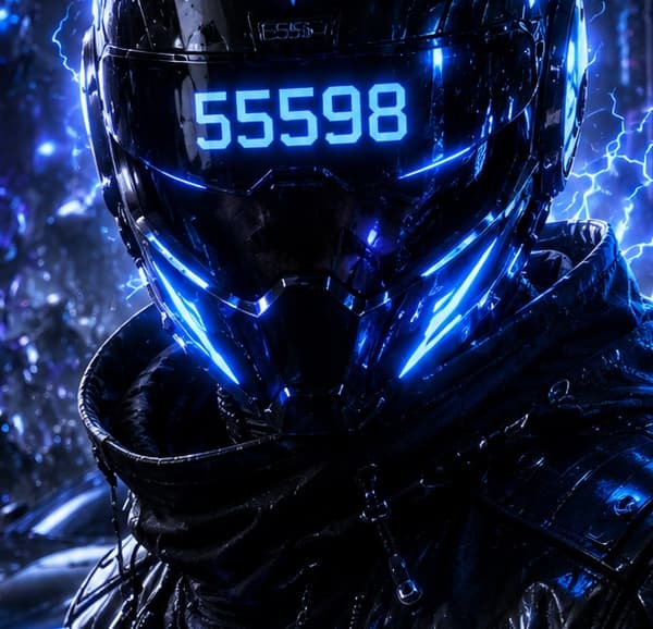 Concept art: a black full-face helmet, visor lit with the number 55598. No face, no identifying feature.