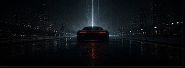 Concept art: the car seen from behind on a wet road at night, red light trail on the asphalt.