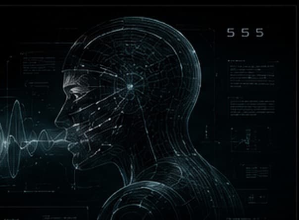 Concept art: a wireframe human head covered in a mesh of data points, with waveforms at the mouth.