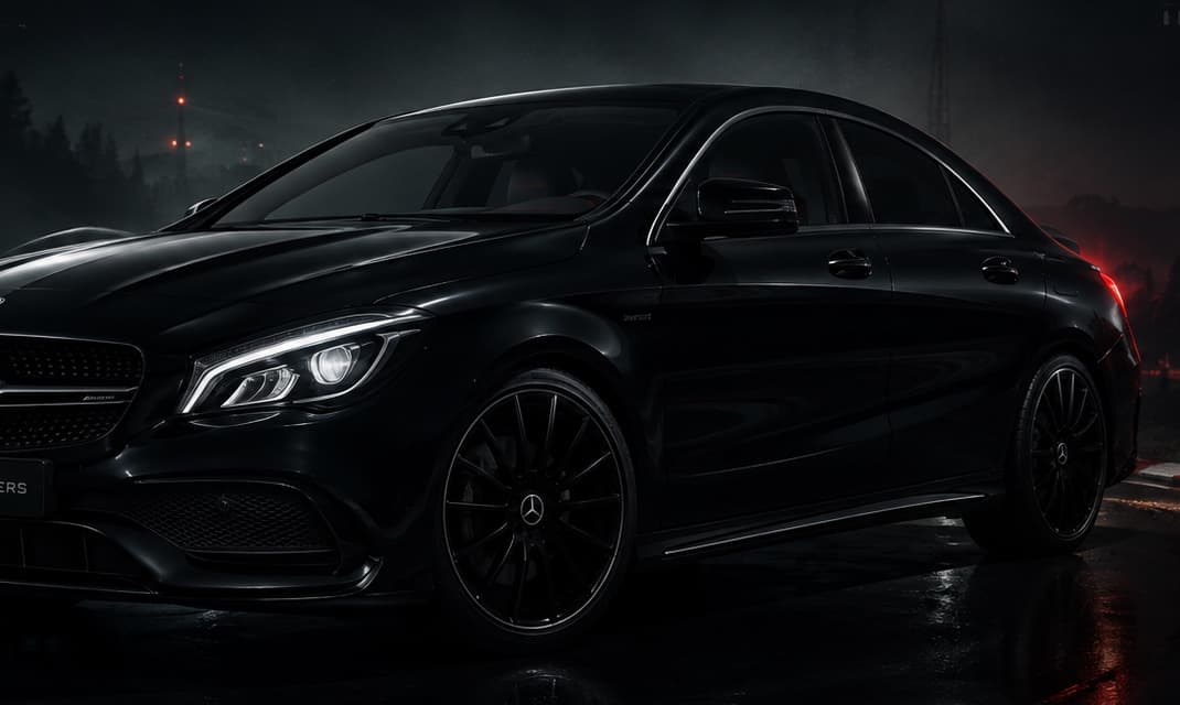The production's reconnaissance car: a black compact saloon photographed at night on a wet road, forest and a single red light behind it.