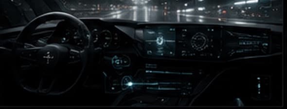 Concept art: the cabin of the car at night, instrument surfaces glowing faintly, rain on the windscreen.