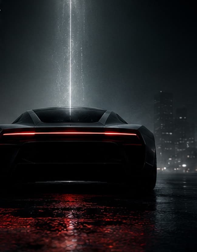 Concept art: the rear of a black electric hypercar on a wet night circuit, a single beam of light above it.