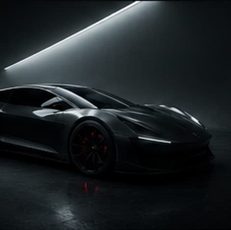 Concept art: a black electric roadster lit by a single overhead strip light in a dark studio.